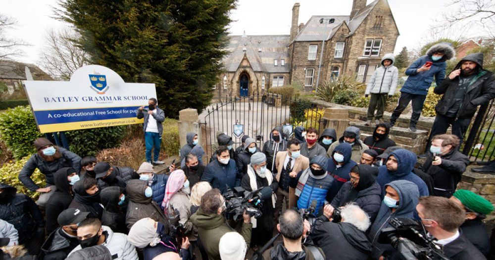 File image of protests outside Batley Grammar School over a teacher's use of caricatures of Prophet Muhammad.