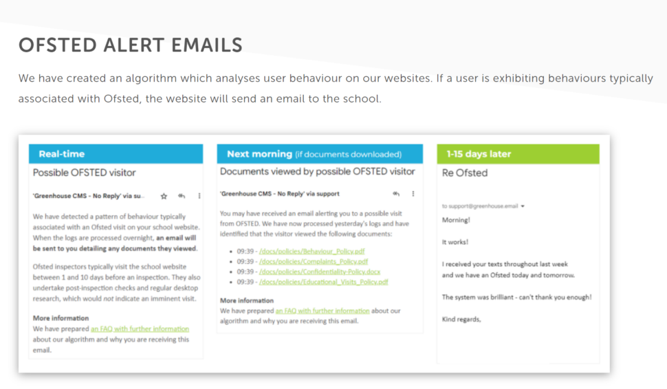 Details from an FAQs document sent to schools about Ofsted alerts